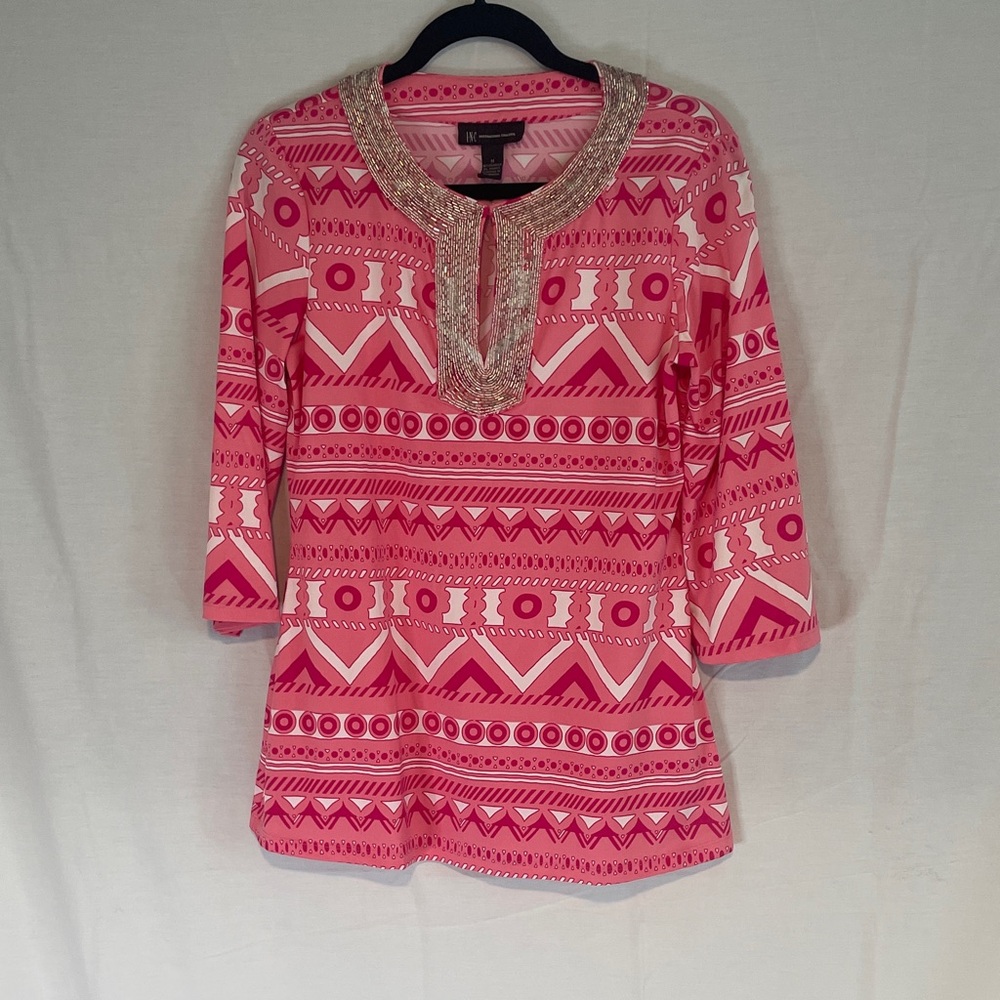 INC International Conceots Pink Patterned Women's Top with silver beading size m